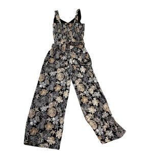 J. Jill Wearever Small Wide Leg Jumpsuit romper Black Floral V-Neck Boho (951)